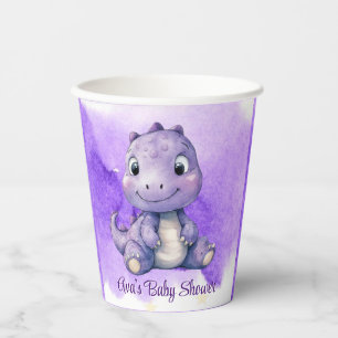 Purple Watercolor Cute Dinosaur Girl Baby Shower Paper Cups