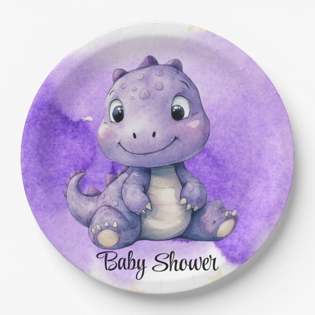 Purple Watercolor Cute Dinosaur Girl Baby Shower Paper Plate (Front)