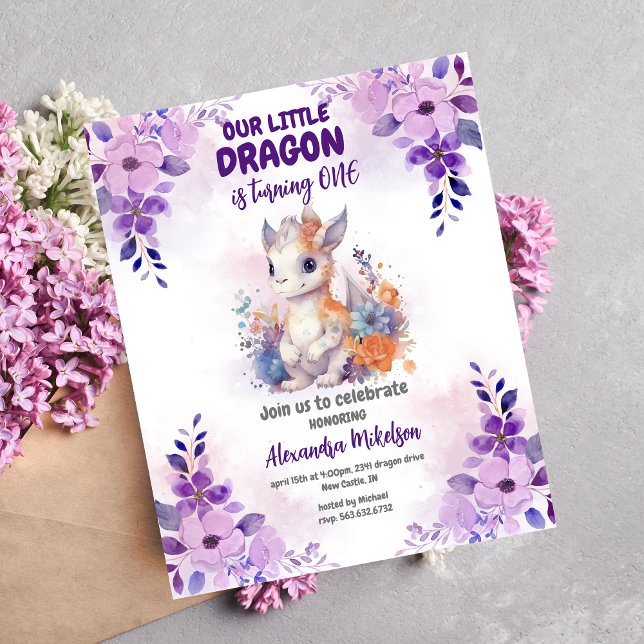 Purple Watercolor Dragon Baby 1st Birthday Invitation (Create Magic with Cute Watercolor Dragon Baby 1st Birthday Invitation )