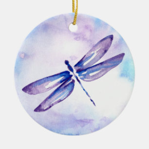Purple Watercolor Dragonfly Christmas Ornaments