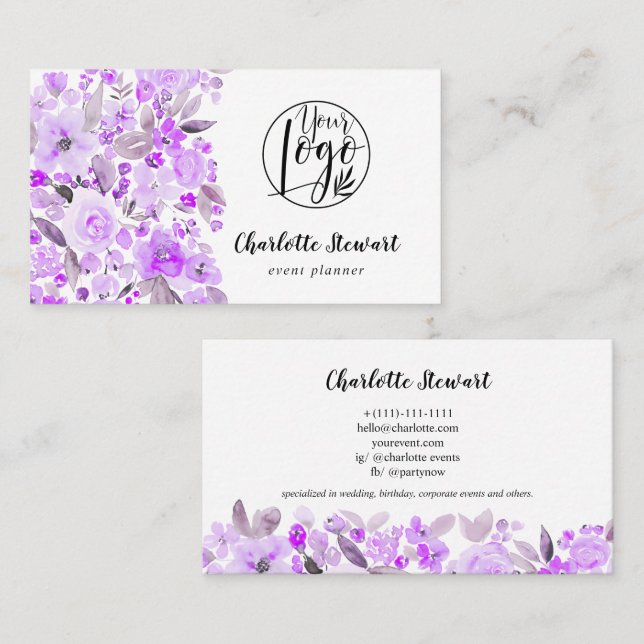 Purple watercolor event planner logo business card (Front/Back)