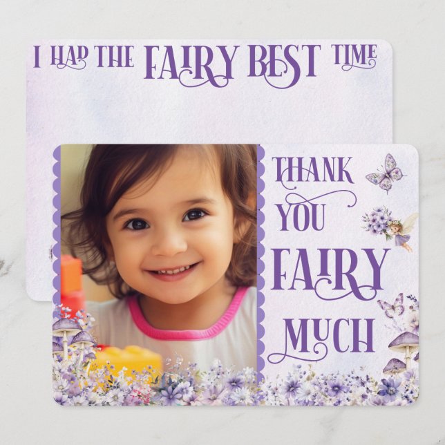 Purple Watercolor Fairy Birthday Photo Thank You  (Front/Back)