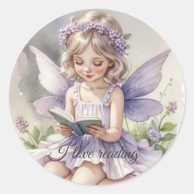 Purple Watercolor Fairy I Love Reading Sticker (Front)