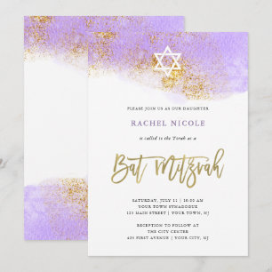 Purple Watercolor   Faux Gold Bat Mitzvah Invitation