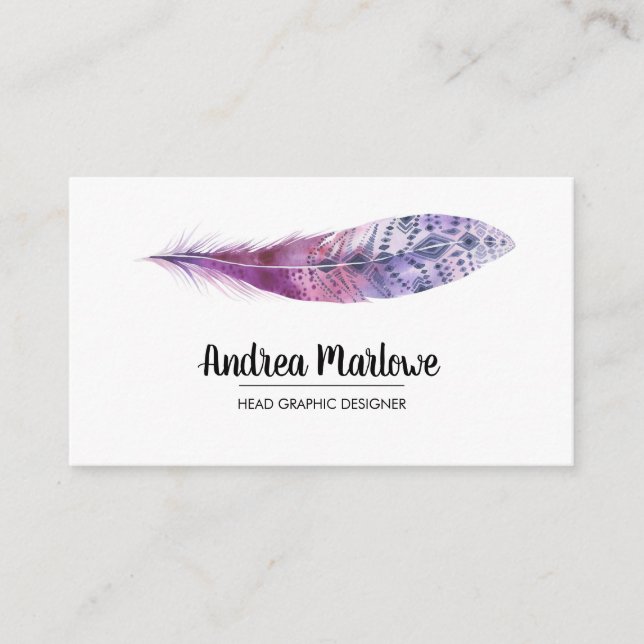 Purple Watercolor Feather Boho Business Card (Front)