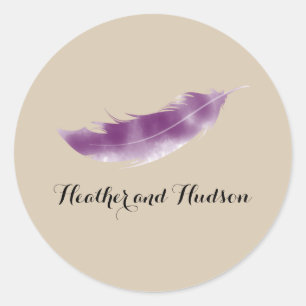 Purple Watercolor Feather Wedding Sticker