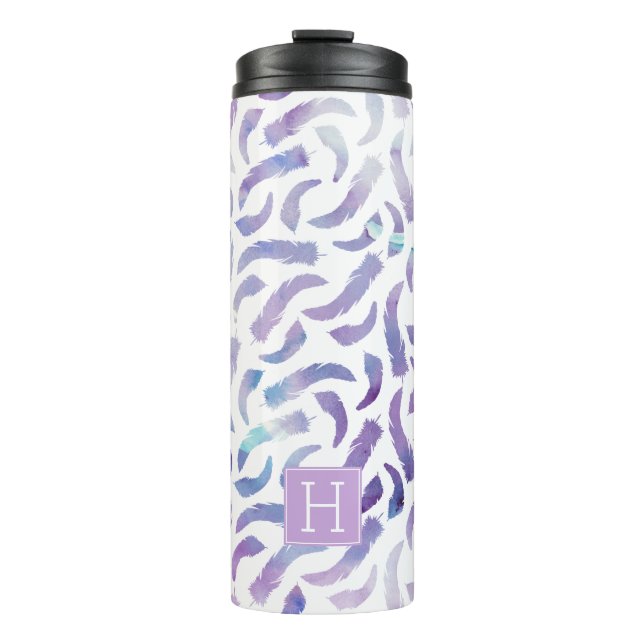 Purple Watercolor Feathers Pattern Thermal Tumbler (Front)