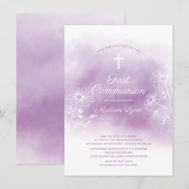 Purple Watercolor First Communion Invitation (Front/Back)