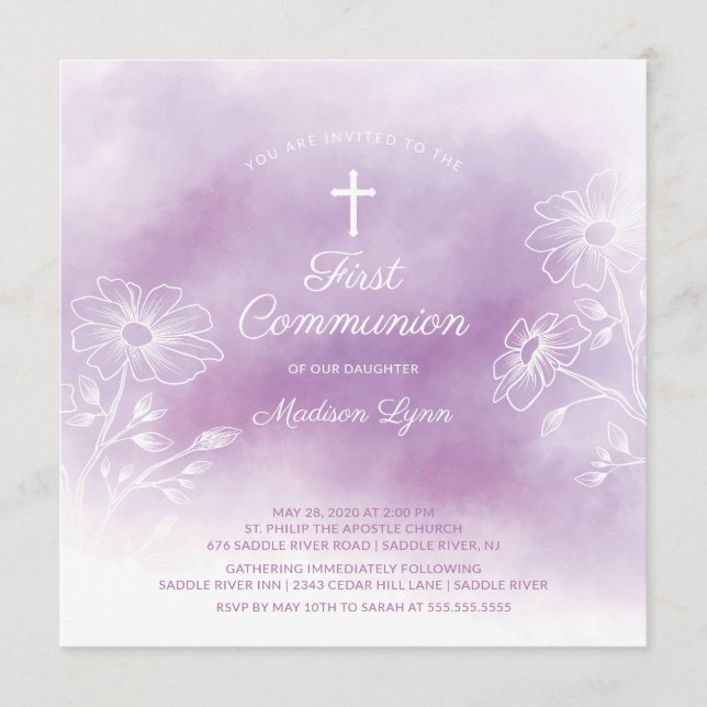 Purple Watercolor First Holy Communion Invitation (Front)