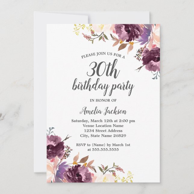 Purple Watercolor Floral 30th Birthday Party Invitation (Front)