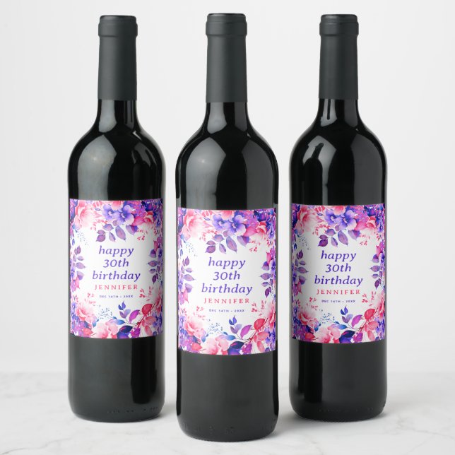 Purple Watercolor Floral 30th Happy Birthday  Wine Label (Bottles)
