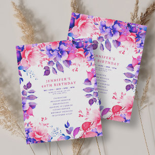 Purple Watercolor Floral 40th Birthday Program  Invitation