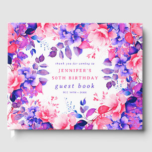 Purple Watercolor Floral 50th Birthday Guest Book