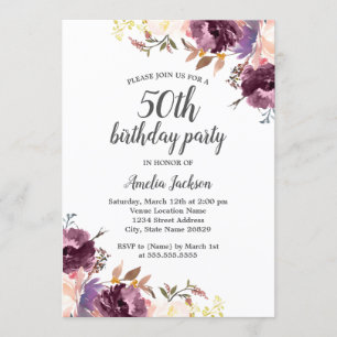 Purple Watercolor Floral 50th Birthday Party Invitation