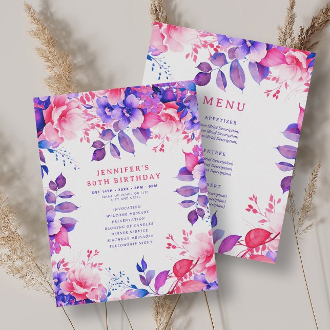 Purple Watercolor Floral 80 Birthday Program Menu Invitation (Purple Watercolor Floral 80 Birthday Program Menu)