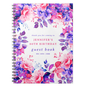 Purple Watercolor Floral 80th Birthday Guest Book