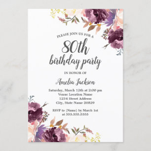 Purple Watercolor Floral 80th Birthday Party Invitation