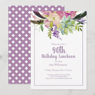 Purple Watercolor Floral 90th Birthday Invitation