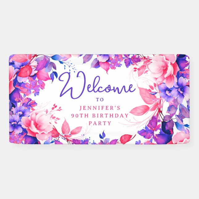 Purple Watercolor Floral 90th Birthday Party Banner (Horizontal)