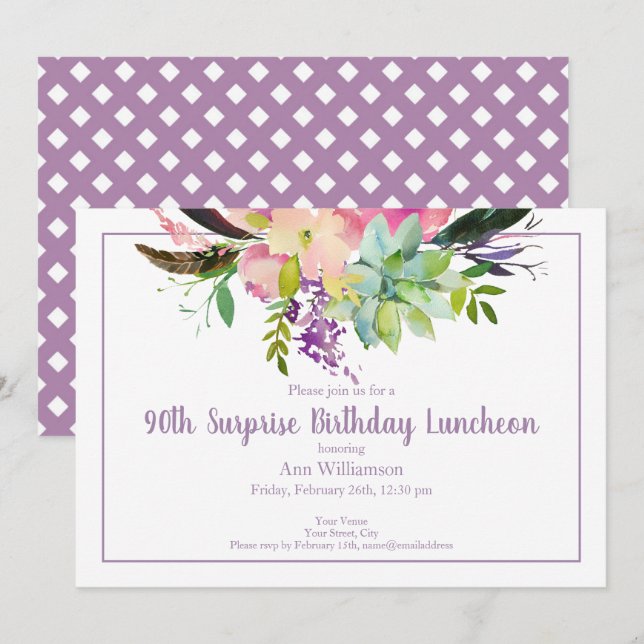 Purple Watercolor Floral 90th Surprise Birthday Invitation (Front/Back)