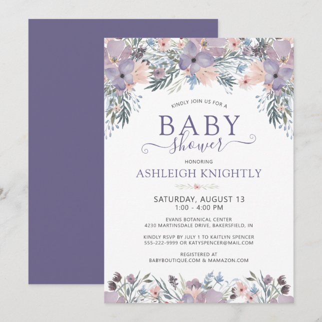 Purple Watercolor Floral Baby Shower  Invitation (Front/Back)
