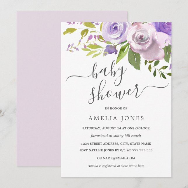 Purple Watercolor Floral Baby Shower Invitation (Front/Back)