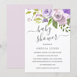 Purple Watercolor Floral Baby Shower Invitation