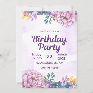 Purple Watercolor Floral Birthday Party Invitation