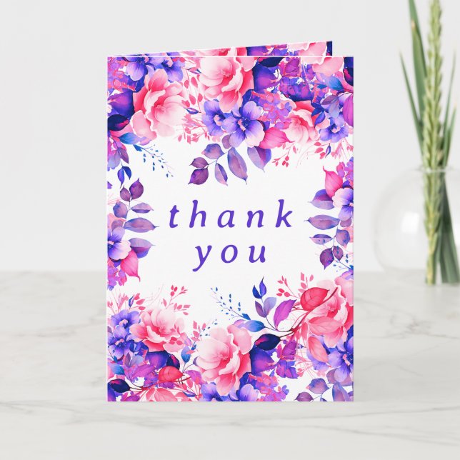 Purple Watercolor Floral Birthday Party Thank You  Card (Front)