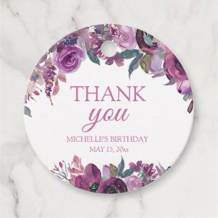 Purple Watercolor Floral Birthday Thank You Favour Tags