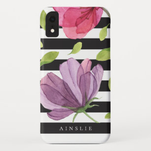 Purple Watercolor Floral Black Stripe Pattern iPhone XR Case