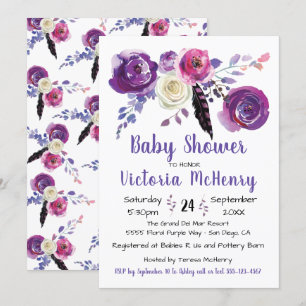 Purple watercolor Floral Boho BabyShower Invitation