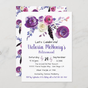 Purple watercolor Floral Boho Retirement Party Invitation