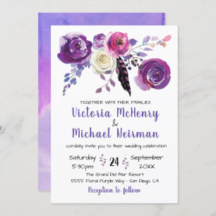 Purple watercolor Floral Boho wedding invitations