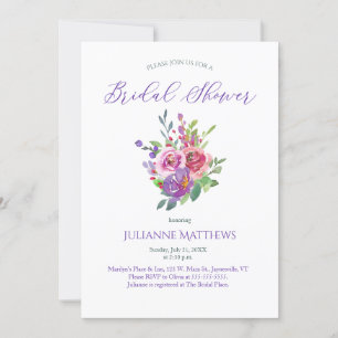 Purple Watercolor Floral Bouquet Bridal Shower Invitation