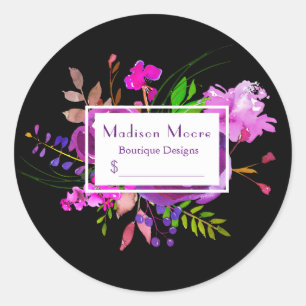 Purple Watercolor Floral Bouquet Price Business Classic Round Sticker