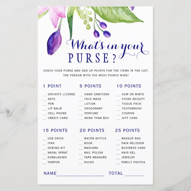 Purple watercolor floral bridal shower game (Front)