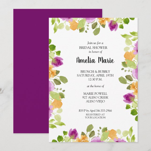 Purple Watercolor Floral Bridal Shower Invitation (Front/Back)