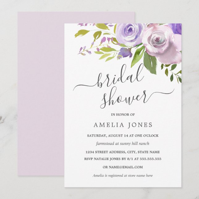 Purple Watercolor Floral Bridal Shower Invitation (Front/Back)