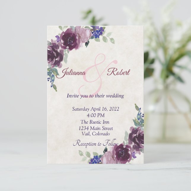 Purple watercolor floral budget wedding invitation (Standing Front)