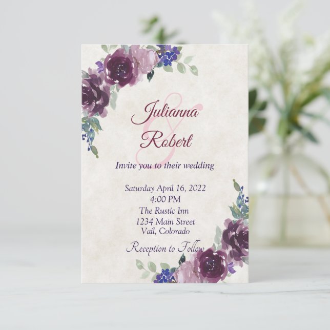 Purple watercolor floral budget wedding invitation (Standing Front)