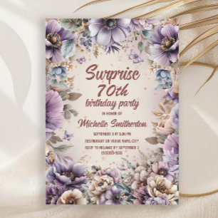 Purple Watercolor Floral Butterflies Surprise 70th Invitation