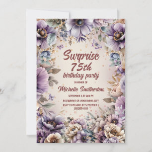 Purple Watercolor Floral Butterflies Surprise 75th Invitation
