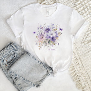 Purple Watercolor Floral Butterfly Mama Name T-Shirt