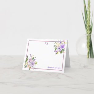 Purple Watercolor Floral Corners Name & Monogram Thank You Card