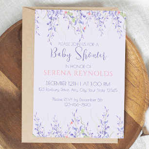 Purple Watercolor Floral Cute Baby Shower Invitation