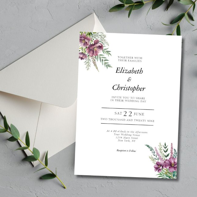 Purple Watercolor Floral Elegant Modern Wedding Invitation (Purple Floral Watercolor Modern Elegant Wedding Invitation)