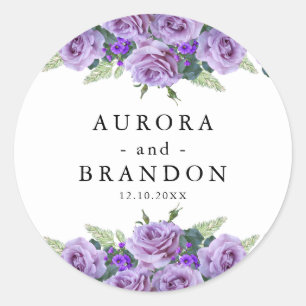 Purple Watercolor Floral Elegant Wedding Classic Round Sticker