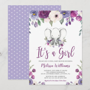 Purple Watercolor Floral Elephant Girl Baby Shower Invitation