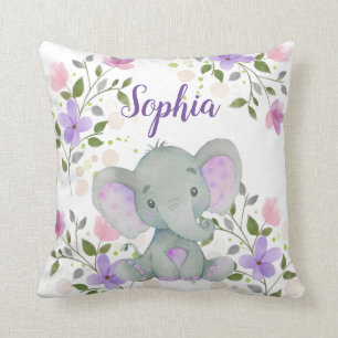 Purple Watercolor Floral Elephant Girl Nursery Cushion